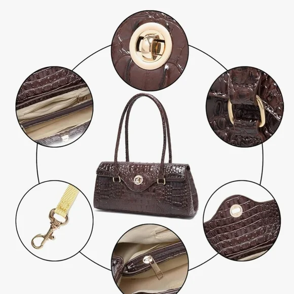 Dark Brown Crocodile Textured Shoulder Bag with Structured Design - Picture 7 of 7